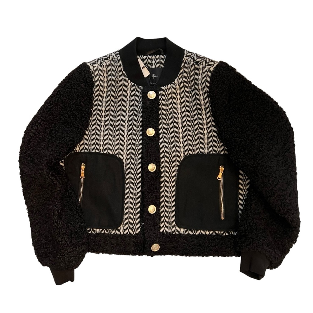 7 For All Mankind Black Cream Tweed Boucle Light Jacket NWT Women’s Size Large
